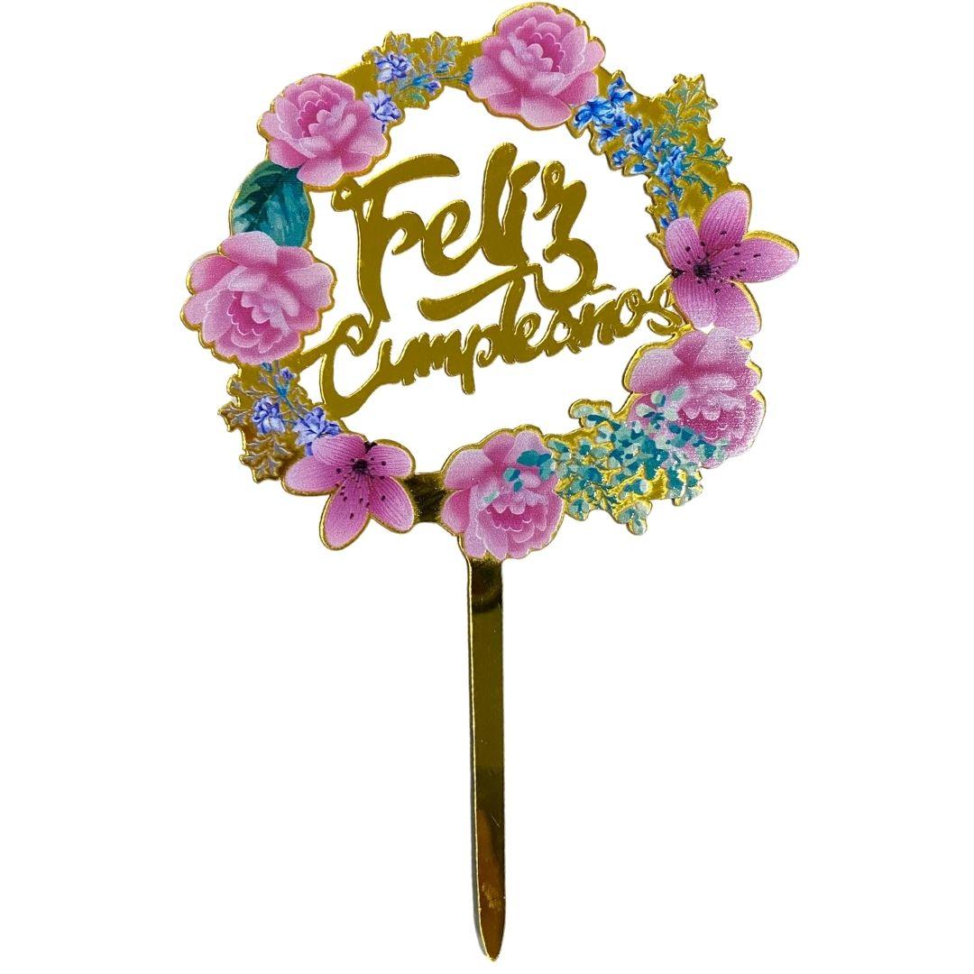 Letro cake topper feliz cumpleaños flores dorado rosas