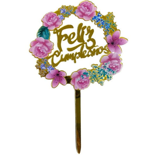 Letro cake topper feliz cumpleaños flores dorado rosas