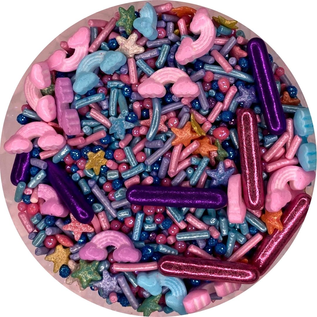 Mix de sprinkles arcoiris rods morados rosas