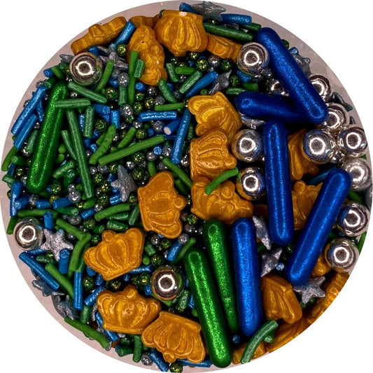 Mix de sprinkles con corona dorada y rods azules y verdes
