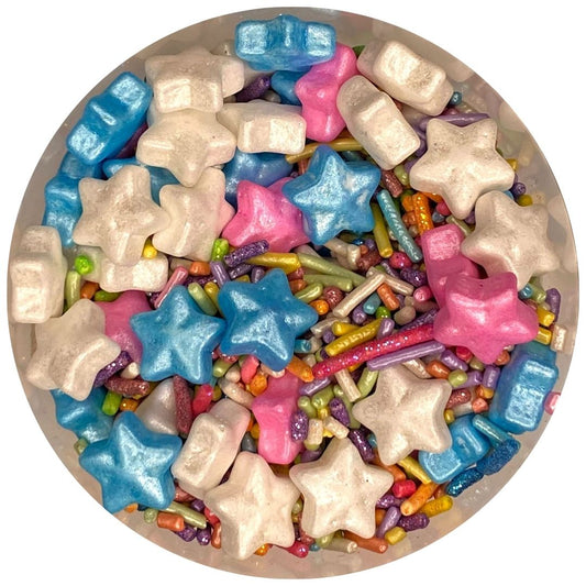 Mix de sprinkles con estrellas blancas azules y rosas