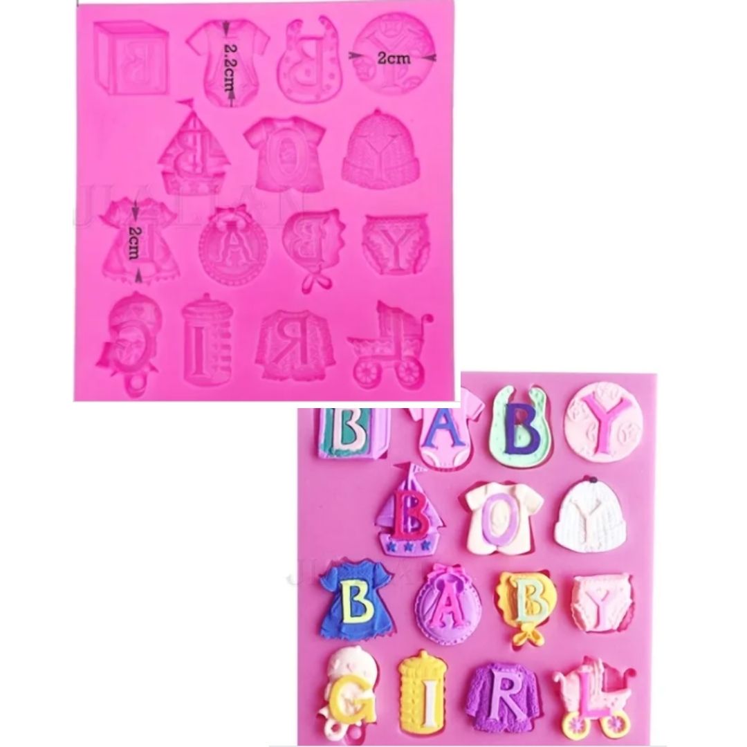 Molde de silicón para fondant de ropa o ropita de bebé con letras de baby boy y baby girl
